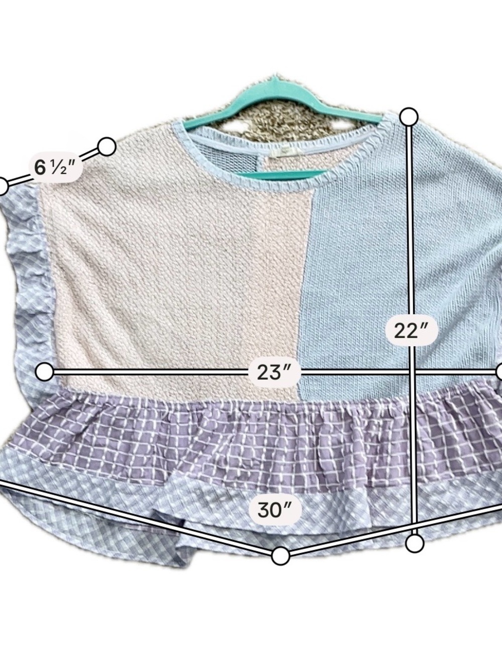 Easel Los Angeles Pastel Patchwork Knit Top Ruffle Plaid Oversized Boho Small - Picture 3 of 5